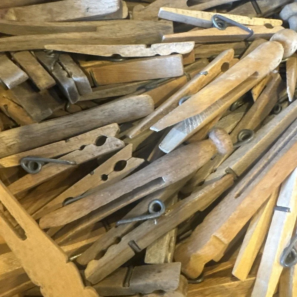 Mixed Lot Of Over 100 Vintage Wood Clothes Pins W/ Metal Delacre Container